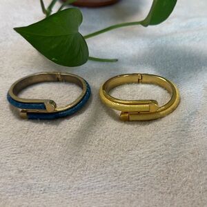 Vintage Chunky Leather, Gold and Blue Oval Bracelets